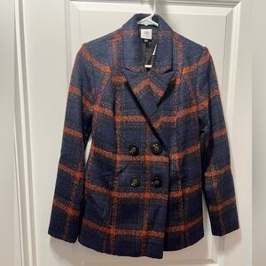 CAbi Navy and Orange Plaid Pea Coat